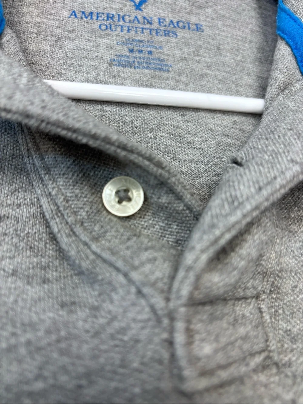 American Eagle Outfitters Classic Fit Heathered Grey Polo with Blue Logo Trim M